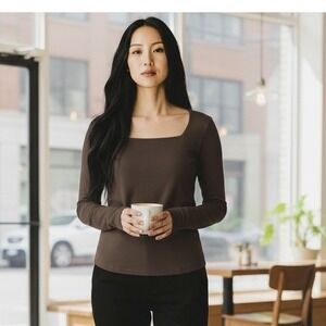 Express Womens XL Brown Square Neck Long Sleeve Top Stretch Knit Shirt